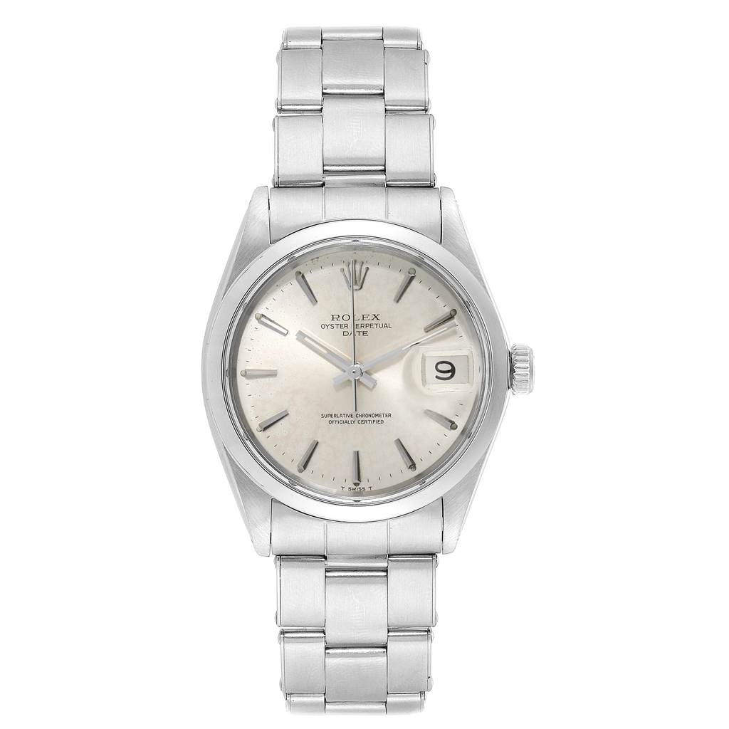 The image shows a head-on view of the Rolex Vintage Collection 1500 Men's Stainless Steel Silver Dial 1500 Men's Stainless Steel Silver Dial watch, featuring its dial, hands, and bracelet.