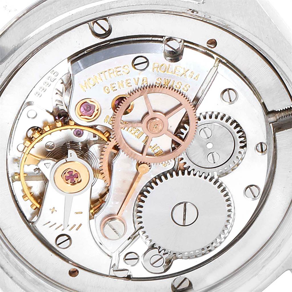 This image shows a close-up view of the movement mechanism of the Rolex Vintage Collection 6694 Men's Stainless Steel Silver Dial 6694 Men's Stainless Steel Silver Dial watch.