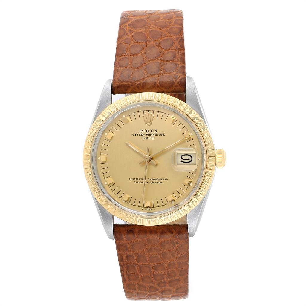 The Rolex Vintage Collection 15053 Men's Steel and Gold (two tone) Champagne Dial 15053 Men's Steel and Gold (two tone) Champagne Dial model watch is shown from a front angle, displaying the dial, hands, date window, and leather strap.