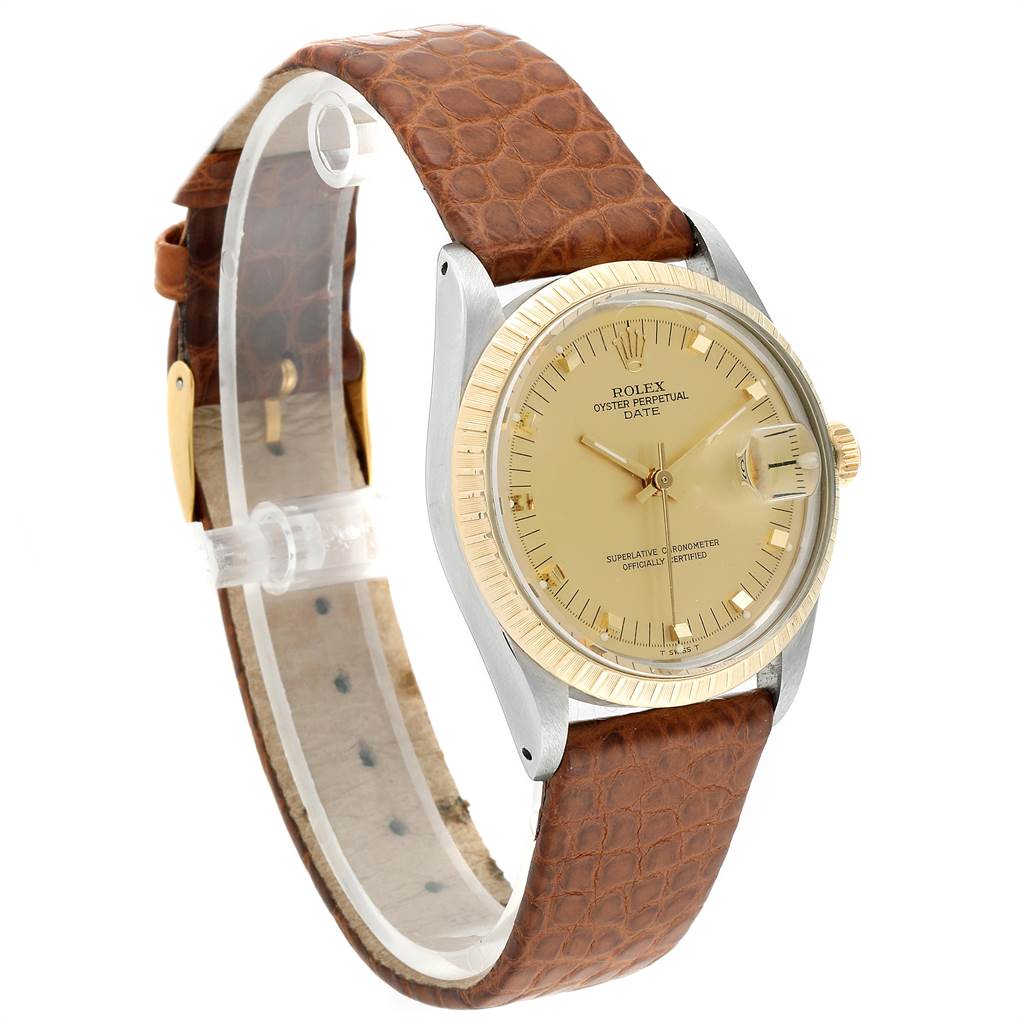 The image shows a side-angle view of a Rolex Vintage Collection 15053 Men's Steel and Gold (two tone) Champagne Dial 15053 Men's Steel and Gold (two tone) Champagne Dial watch, showcasing its face, bezel, and brown leather strap.