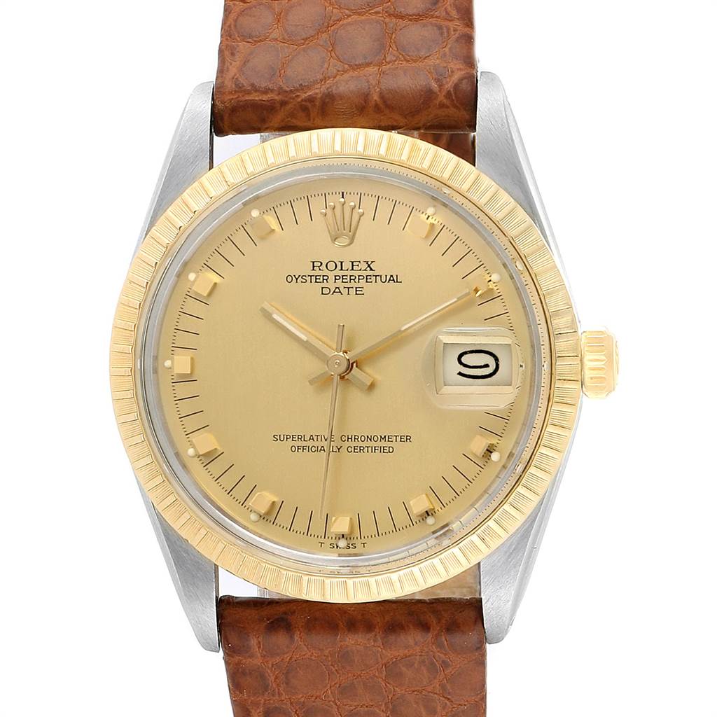 The image shows a frontal view of the Rolex Vintage Collection 15053 Men's Steel and Gold (two tone) Champagne Dial 15053 Men's Steel and Gold (two tone) Champagne Dial Oyster Perpetual Date watch, displaying its face, bezel, crown, and leather strap.