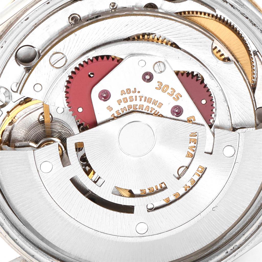 The image shows the intricate internal movement mechanism of the Rolex Vintage Collection 15053 Men's Steel and Gold (two tone) Champagne Dial 15053 Men's Steel and Gold (two tone) Champagne Dial watch model 3035 from a close-up angle.
