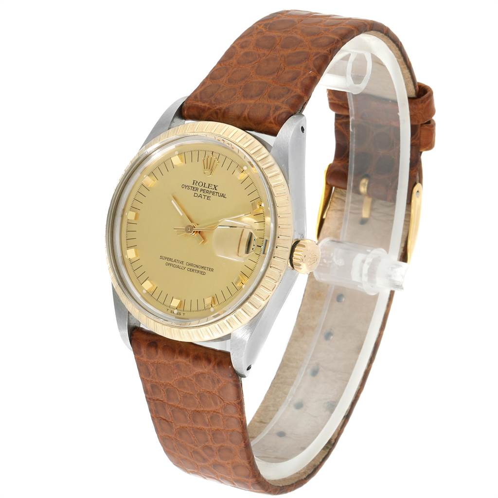 The Rolex Vintage Collection 15053 Men's Steel and Gold (two tone) Champagne Dial 15053 Men's Steel and Gold (two tone) Champagne Dial watch is shown at a three-quarter angle, highlighting the face, bezel, crown, and leather strap.