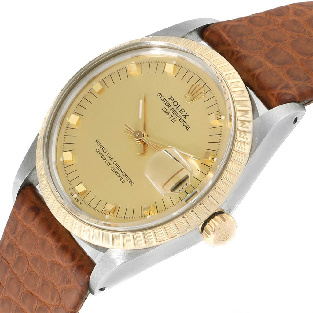 The Rolex Vintage Collection 15053 Men's Steel and Gold (two tone) Champagne Dial 15053 Men's Steel and Gold (two tone) Champagne Dial watch is shown at an angle highlighting its gold bezel, dial, and brown leather strap.