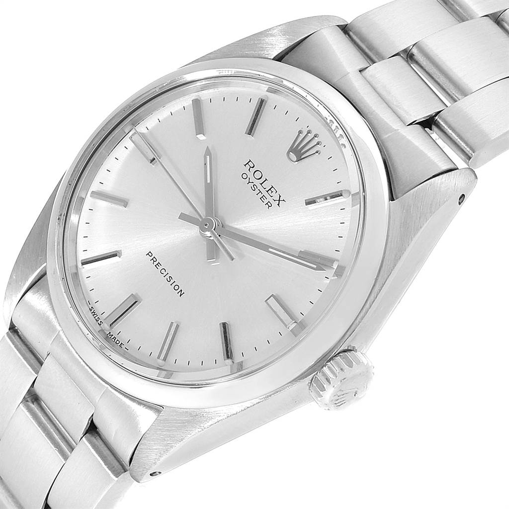 The image shows a close-up view of the Rolex Vintage Collection 6426 Men's Stainless Steel Silver Dial 6426 Men's Stainless Steel Silver Dial watch, highlighting its dial, crown, and part of the bracelet.