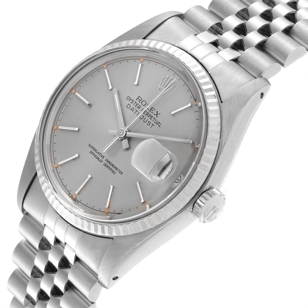 The image shows a Rolex Vintage Collection 16014 Men's Stainless Steel Silver Dial 16014 Men's Stainless Steel Silver Dial watch at an angled view, displaying the dial, bezel, crown, and a portion of the bracelet.