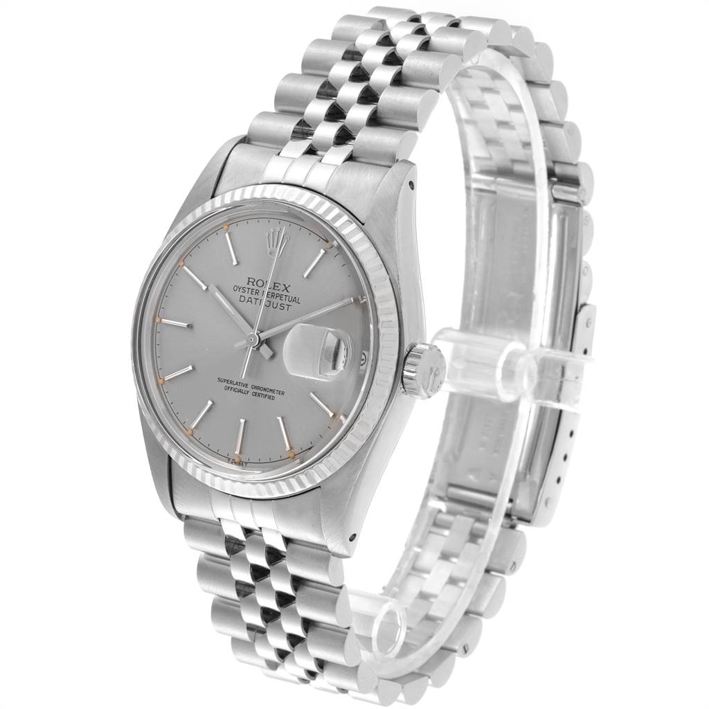 The image shows a Rolex Vintage Collection 16014 Men's Stainless Steel Silver Dial 16014 Men's Stainless Steel Silver Dial model from a three-quarter front angle, featuring the watch face, bezel, and bracelet.