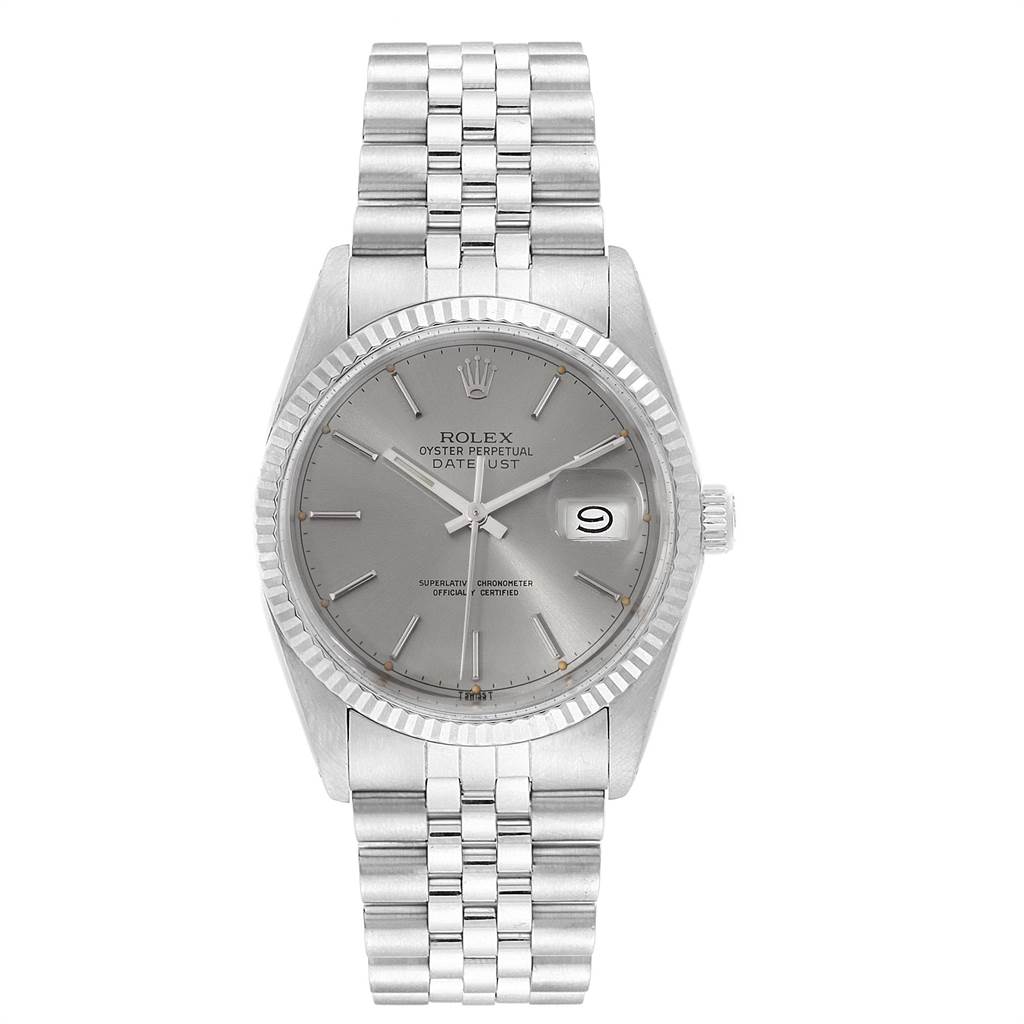 The image shows a front-facing view of a Rolex Oyster Perpetual Datejust from the Vintage Collection, highlighting its dial, bezel, and bracelet.