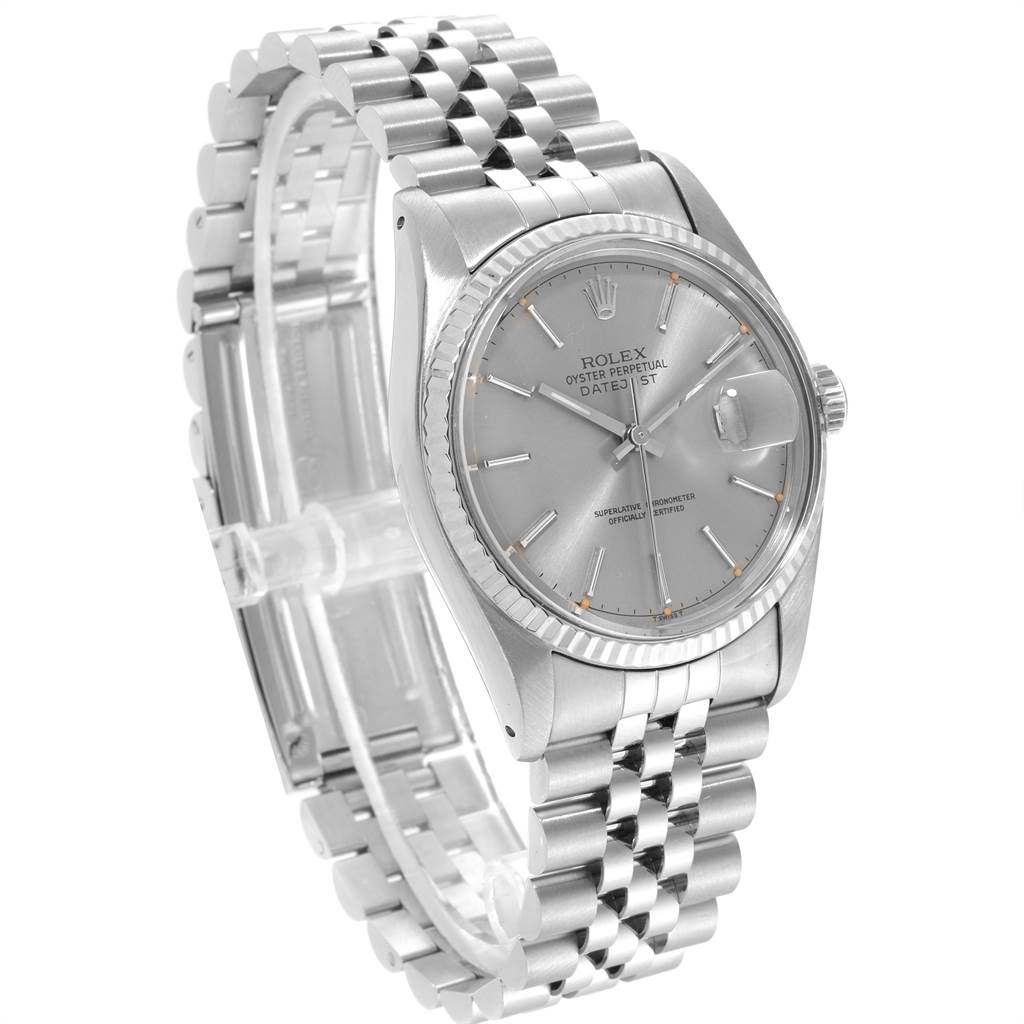 The image shows a Rolex Vintage Collection 16014 Men's Stainless Steel Silver Dial 16014 Men's Stainless Steel Silver Dial watch at an oblique angle, highlighting its dial, bezel, and bracelet.