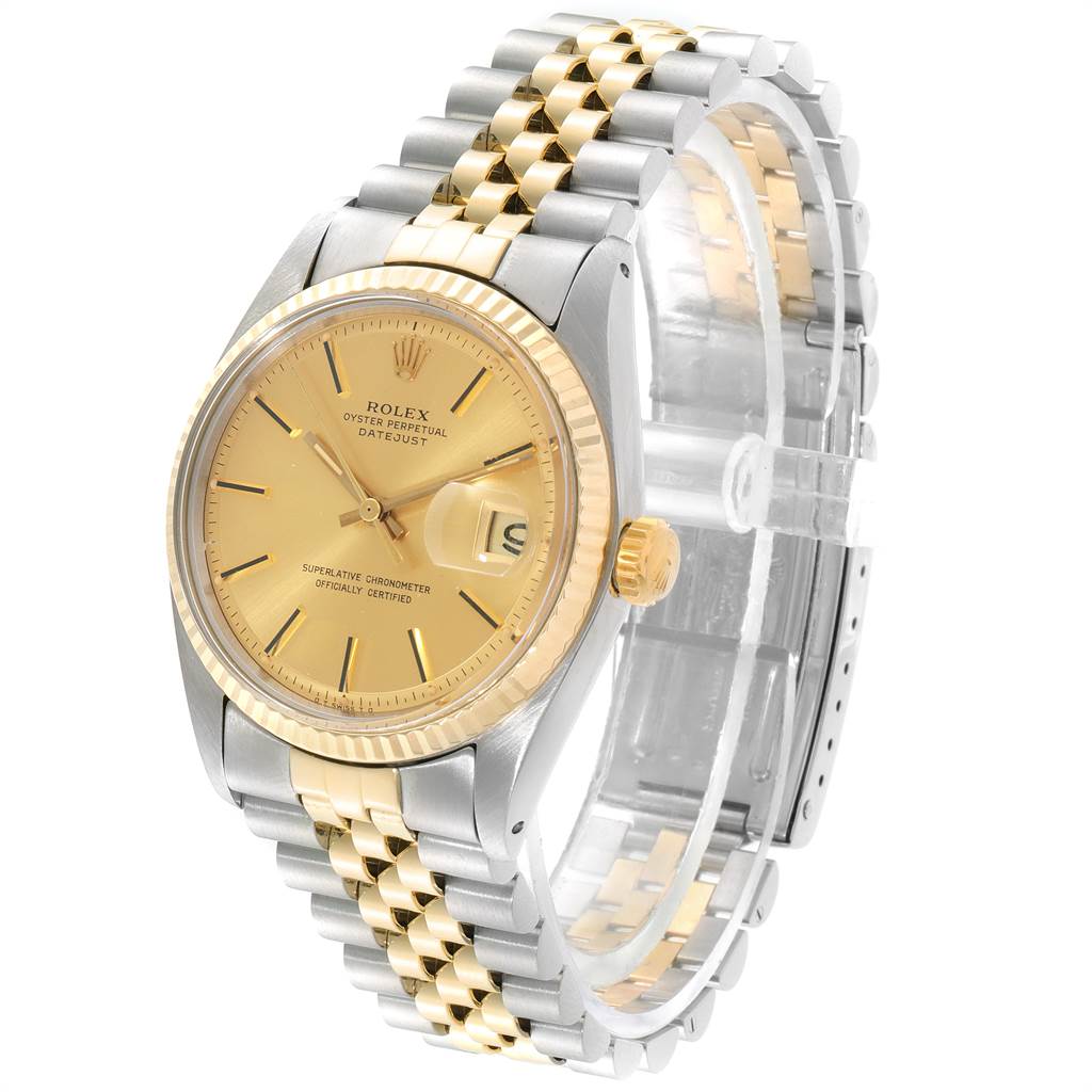 The Rolex Vintage Collection 1601 Men
s Steel and Gold (two tone) Champagne Dial 1601 Men
s Steel and Gold (two tone) Champagne Dial model is shown at an angled view, highlighting its gold dial, bezel, and two-tone bracelet.