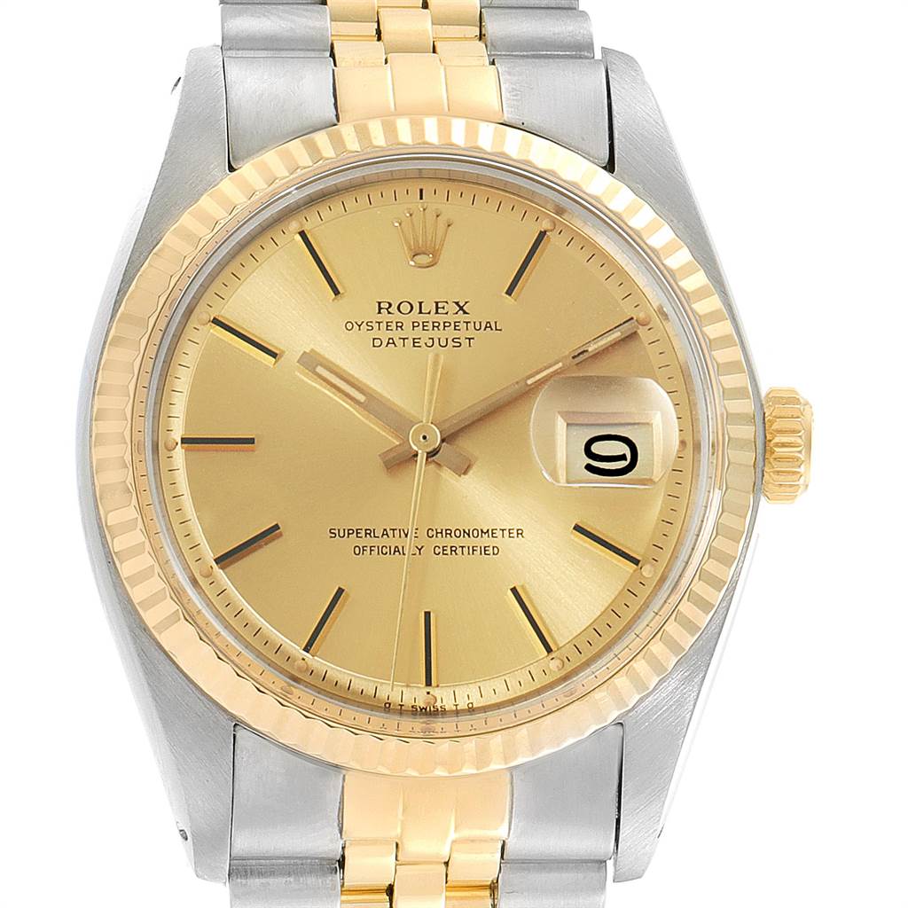 This image shows a front view of a Rolex Vintage Collection 1601 Men
s Steel and Gold (two tone) Champagne Dial 1601 Men
s Steel and Gold (two tone) Champagne Dial Oyster Perpetual Datejust watch, featuring its gold dial, date display, and two-tone bracelet.