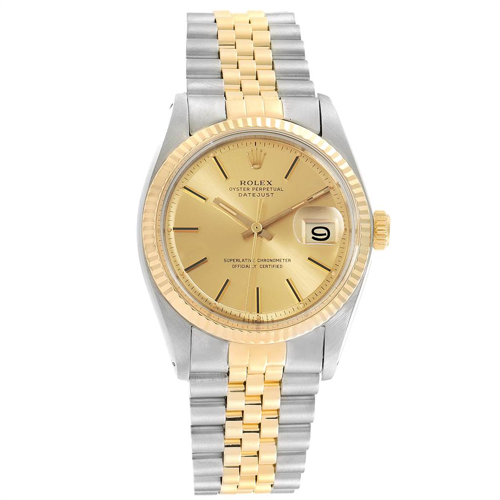 The image shows a Rolex Vintage Collection 1601 Men
s Steel and Gold (two tone) Champagne Dial 1601 Men
s Steel and Gold (two tone) Champagne Dial Oyster Perpetual Datejust watch from the front, highlighting its face, bezel, and bracelet.
