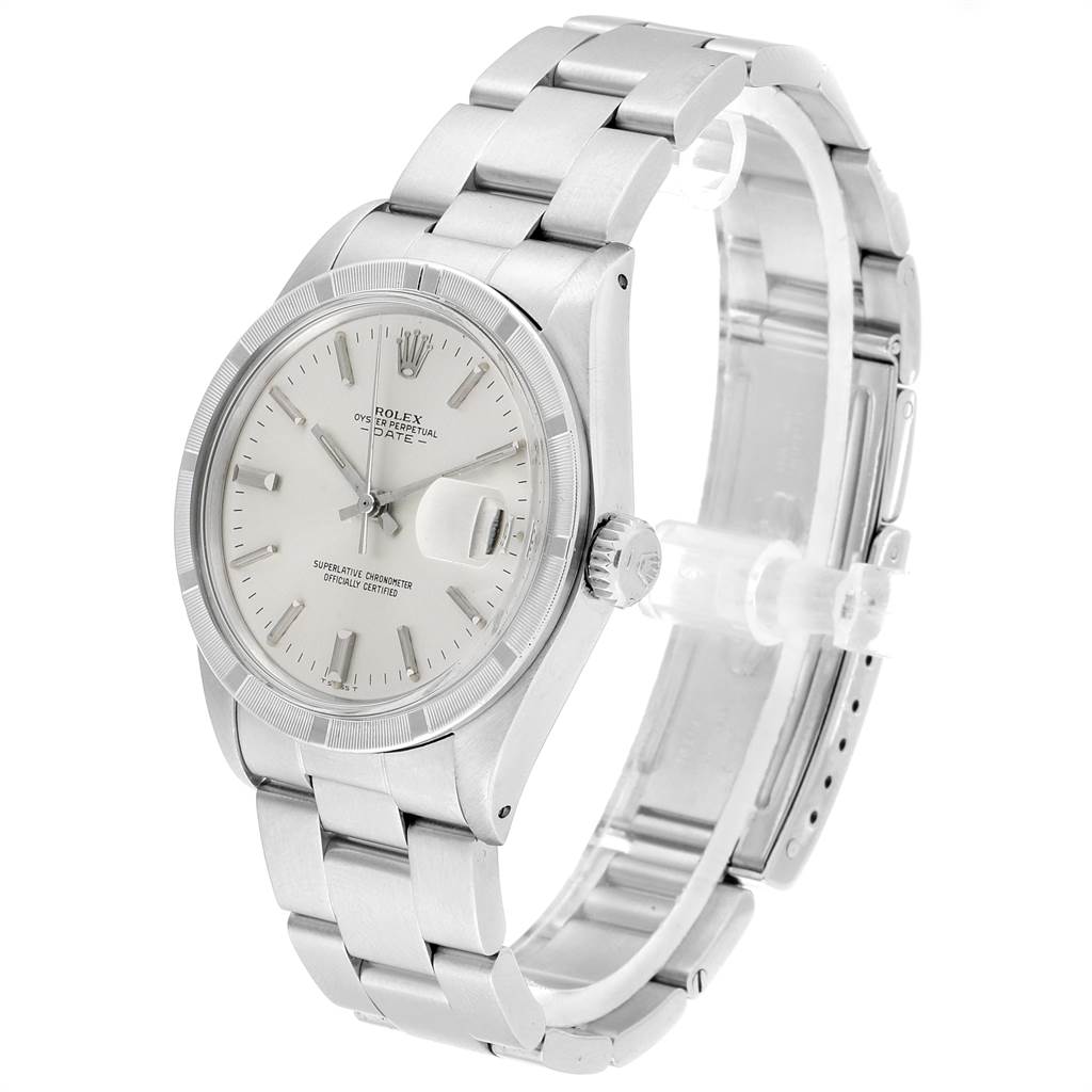 The image shows a Rolex Vintage Collection 1501 Men's Stainless Steel Silver Dial 1501 Men's Stainless Steel Silver Dial watch angled to display its face, bezel, crown, and stainless steel bracelet.