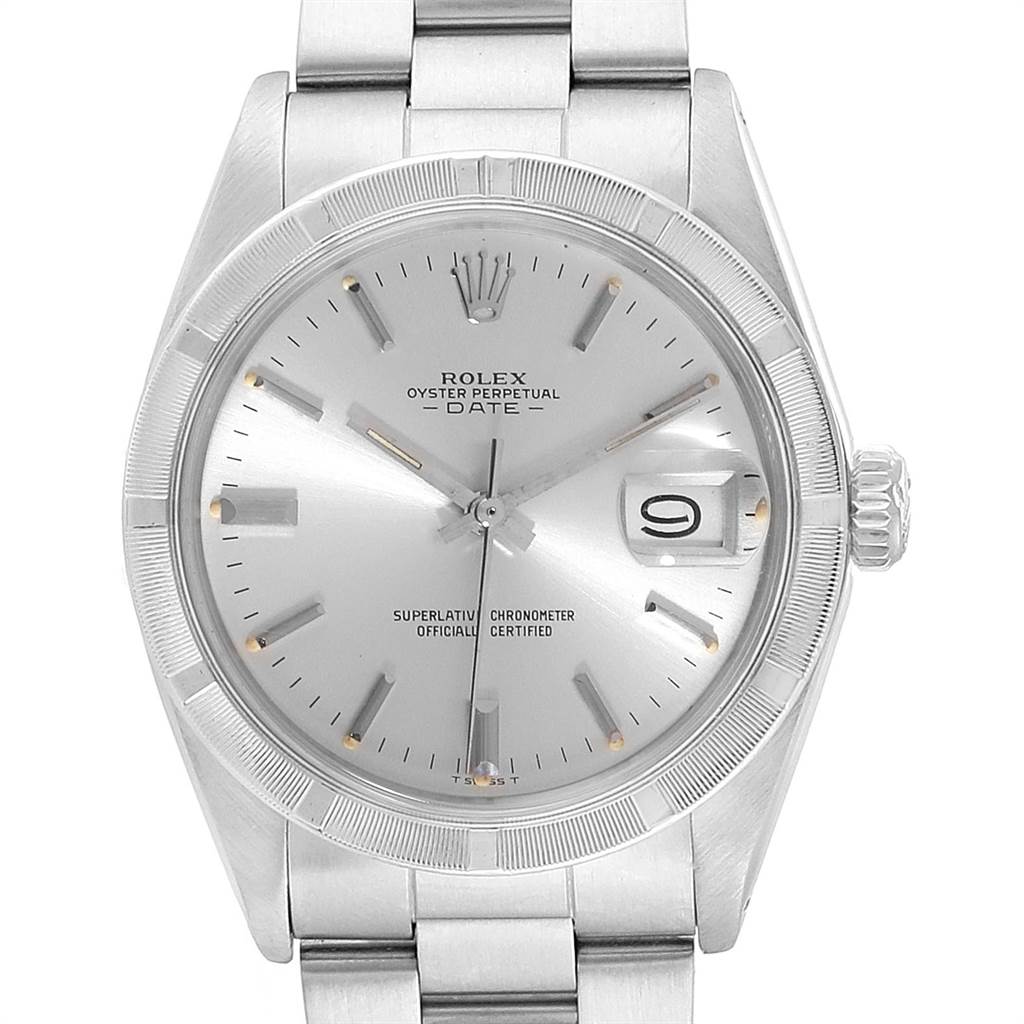 This image shows a front view of the Rolex Vintage Collection 1501 Men's Stainless Steel Silver Dial 1501 Men's Stainless Steel Silver Dial model watch, highlighting the dial, bezel, crown, and part of the bracelet.