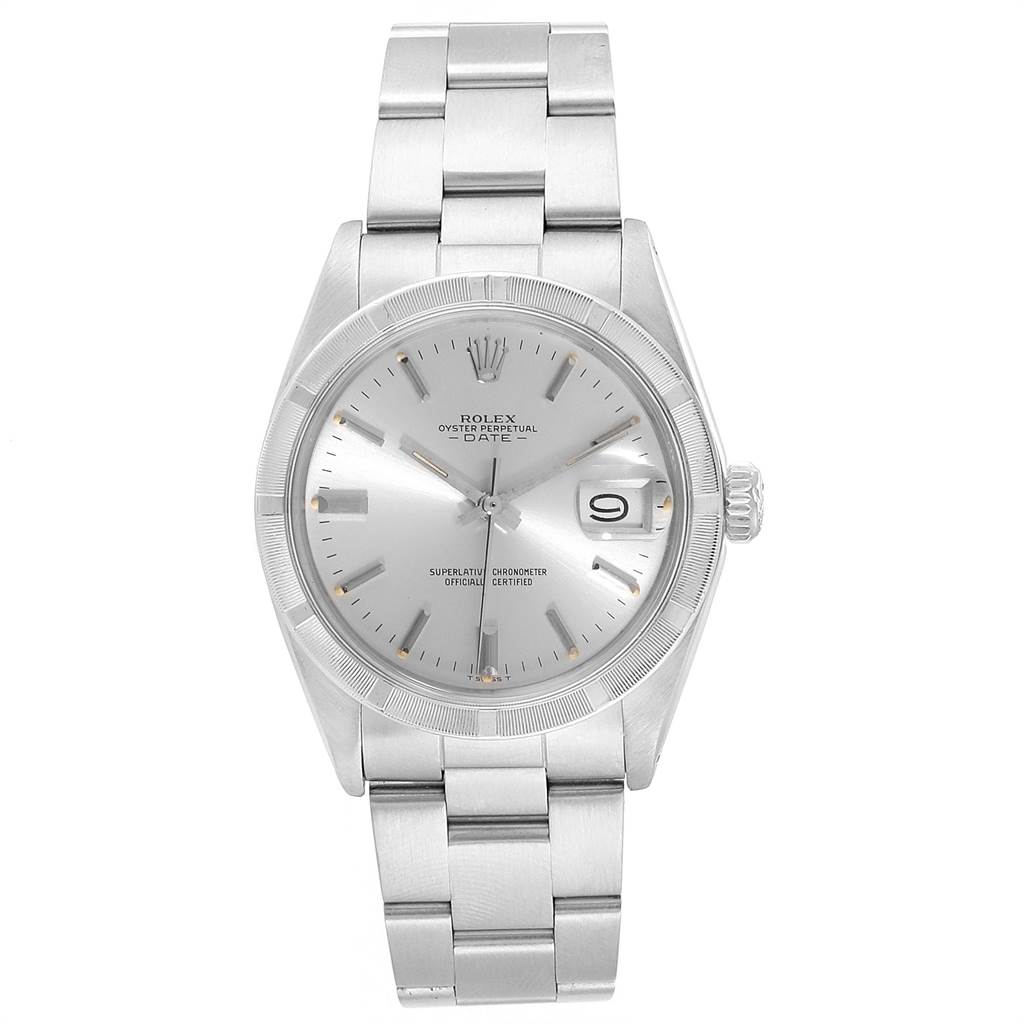 This image shows a front view of the Rolex Vintage Collection 1501 Men's Stainless Steel Silver Dial 1501 Men's Stainless Steel Silver Dial watch, displaying the face, bezel, crown, and stainless steel bracelet.