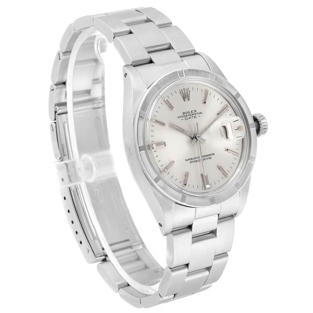The image shows a side-angle view of the Rolex Vintage Collection 1501 Men's Stainless Steel Silver Dial 1501 Men's Stainless Steel Silver Dial watch, highlighting its silver bracelet and dial.