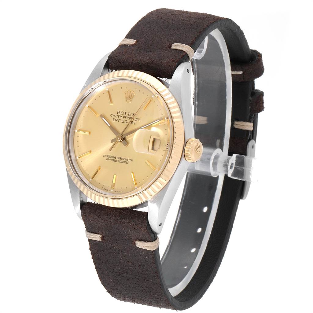 The Rolex Vintage Collection 16013 Men's Stainless Steel Champagne Dial 16013 Men's Stainless Steel Champagne Dial model is shown at a front angle, displaying the dial, bezel, and leather strap.