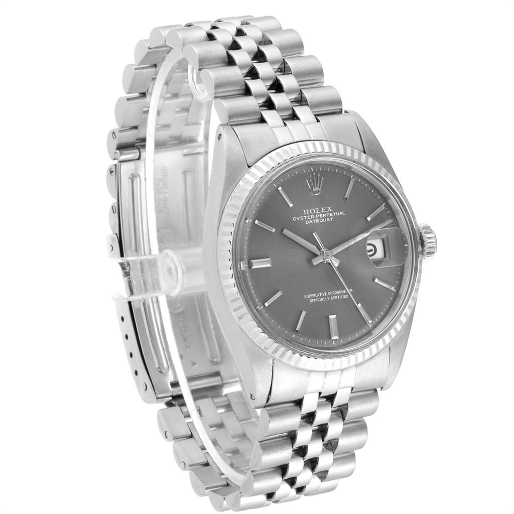 This image shows a side angle of the Rolex Vintage Collection 1601 Men's Stainless Steel Grey Dial 1601 Men's Stainless Steel Grey Dial model, highlighting the face, bezel, crown, and bracelet.