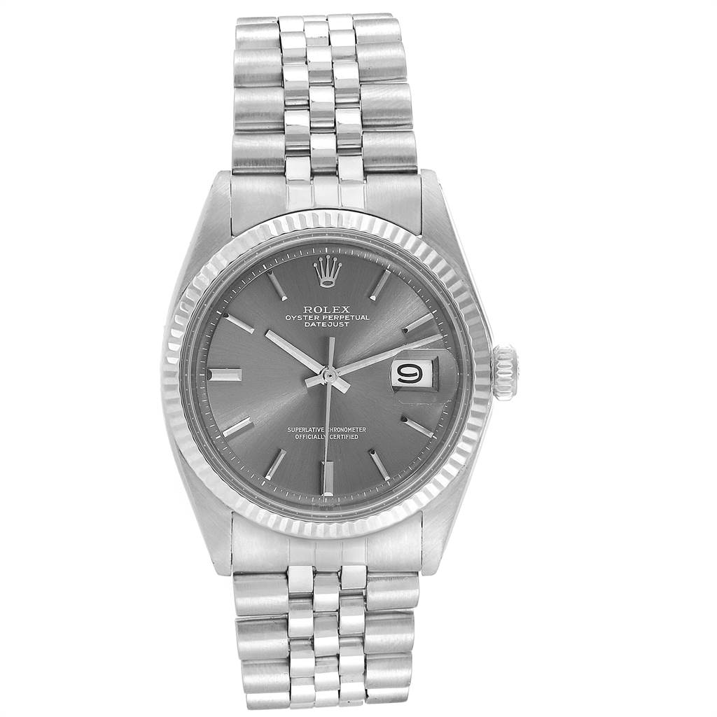 The image shows a front view of the Rolex Vintage Collection 1601 Men's Stainless Steel Grey Dial 1601 Men's Stainless Steel Grey Dial model with its dial, bracelet, case, and crown visible.