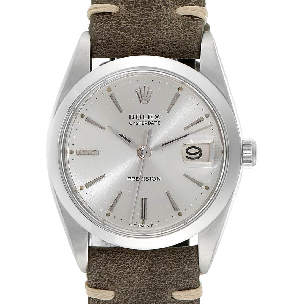 The image shows a front view of the Rolex Vintage Collection 6694 Men's Stainless Steel Silver Dial 6694 Men's Stainless Steel Silver Dial Oysterdate Precision watch displaying the dial, hands, and date feature.