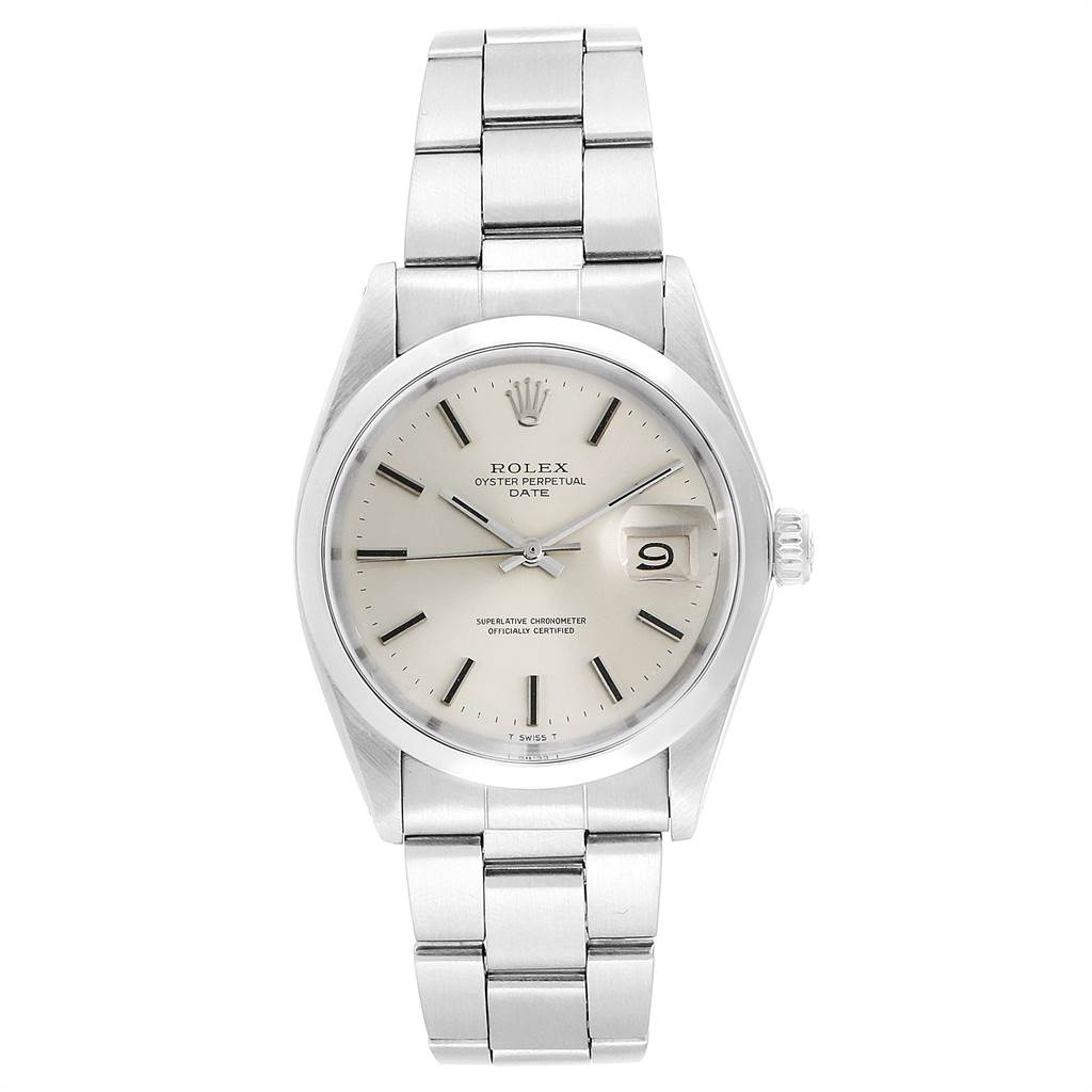 The image shows a front view of the Rolex Vintage Collection 1500 Men's Stainless Steel Silver Dial 1500 Men's Stainless Steel Silver Dial Oyster Perpetual Date watch, displaying its dial, bracelet, and crown.