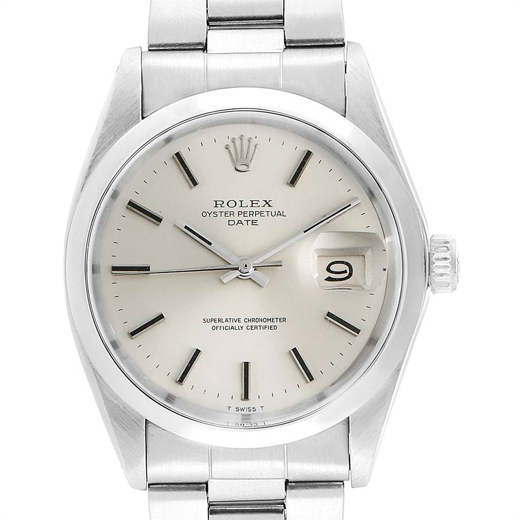 The image displays a Rolex Vintage Collection 1500 Men's Stainless Steel Silver Dial 1500 Men's Stainless Steel Silver Dial model watch, shown from a frontal angle highlighting the dial, hands, and date window.