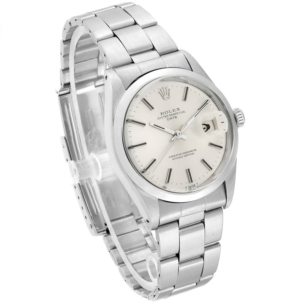 The image shows a side angle of the Rolex Vintage Collection 1500 Men's Stainless Steel Silver Dial 1500 Men's Stainless Steel Silver Dial Oyster Perpetual Date watch, highlighting its stainless steel case and bracelet.