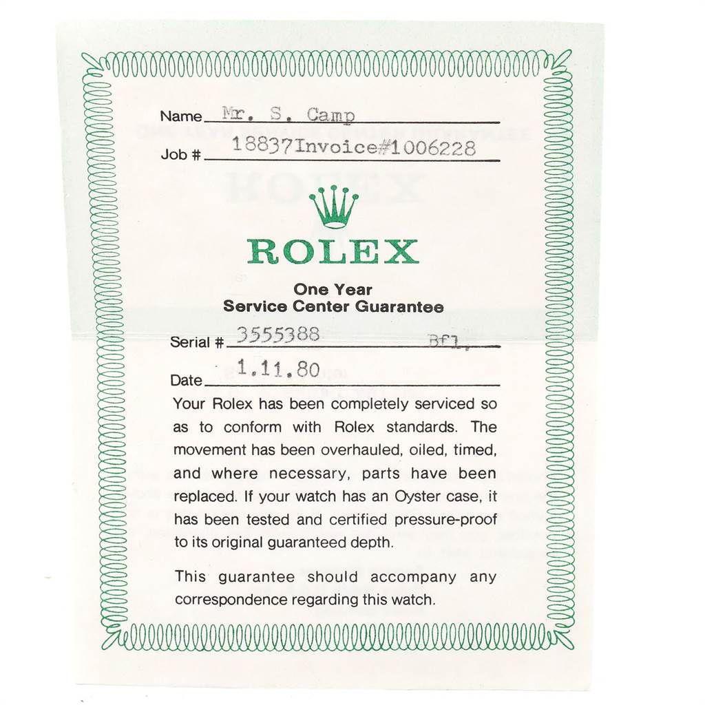 This image shows a one-year service center guarantee for a Vintage Collection model by Rolex.