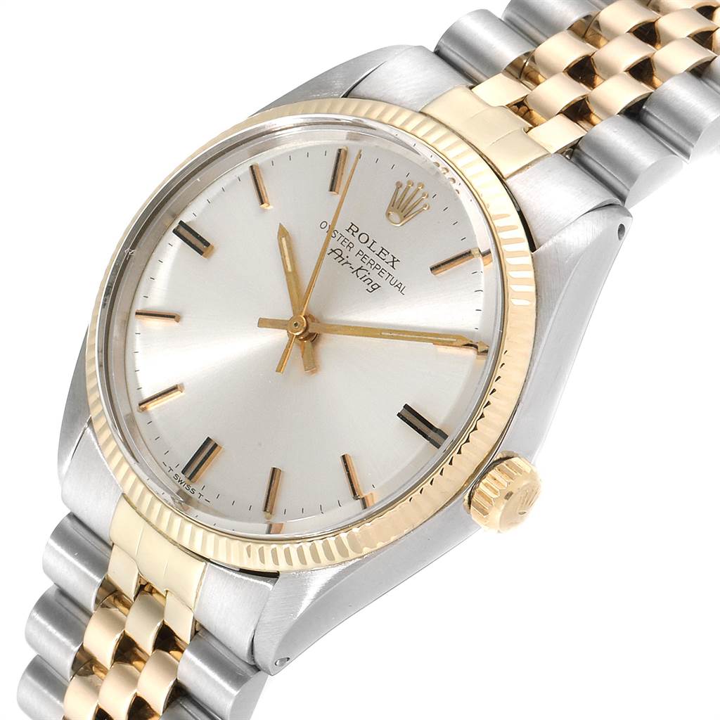This image shows the face and partial bracelet of the Rolex Vintage Collection 5501 Men's Steel and Gold (two tone) Silver Dial 5501 Men's Steel and Gold (two tone) Silver Dial model at a slight angle.