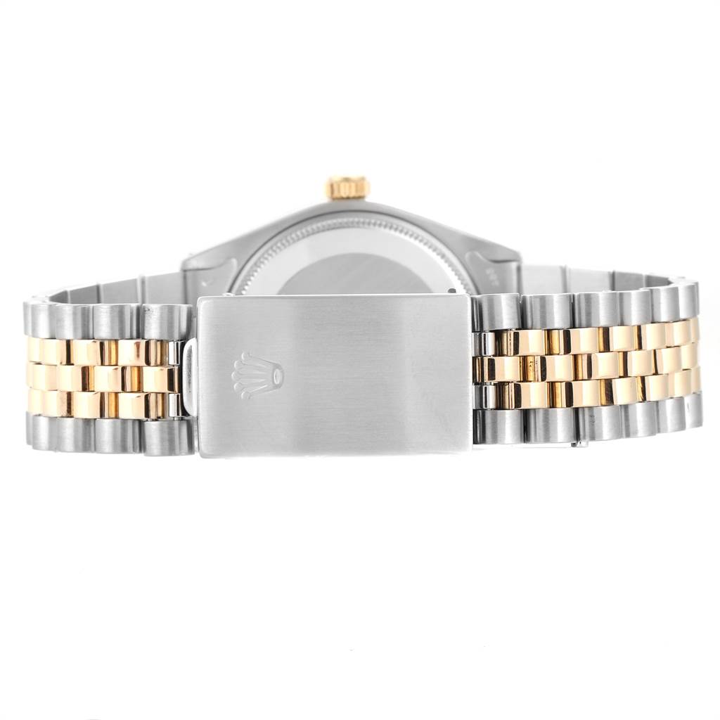 The image shows the clasp and bracelet portion of a Rolex Vintage Collection 5501 Men's Steel and Gold (two tone) Silver Dial 5501 Men's Steel and Gold (two tone) Silver Dial watch viewed from the rear.