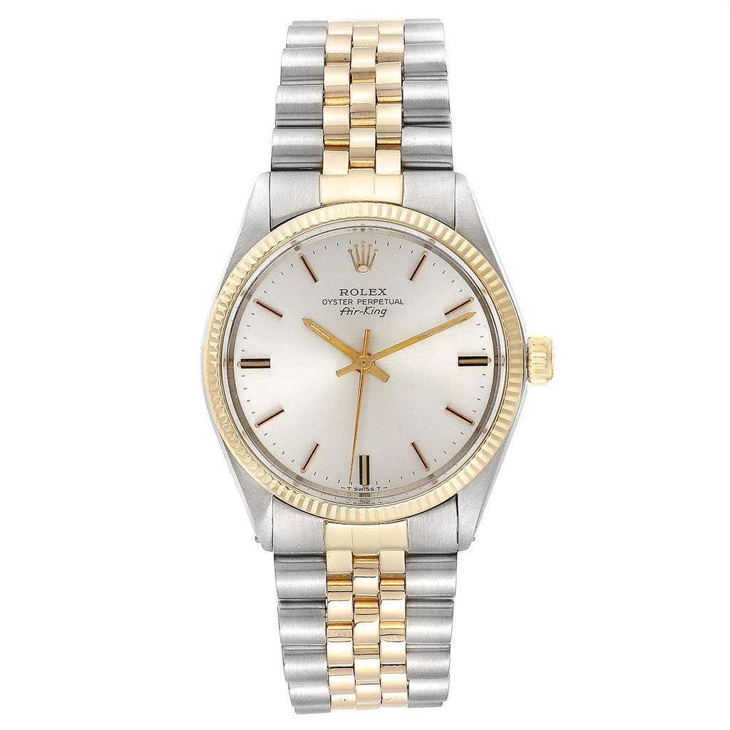 This image shows a front view of the Rolex Vintage Collection 5501 Men's Steel and Gold (two tone) Silver Dial 5501 Men's Steel and Gold (two tone) Silver Dial watch with a two-tone metal bracelet and gold bezel.