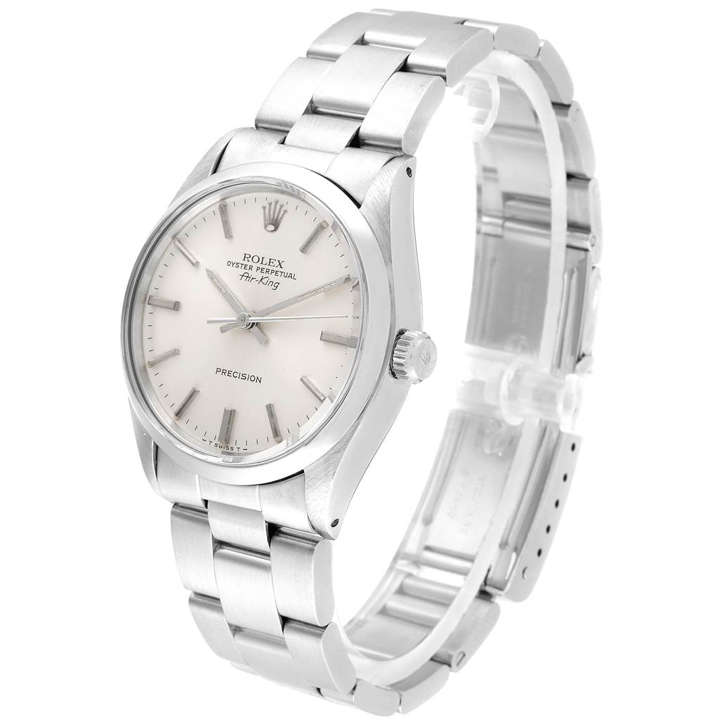 The image shows a Rolex Vintage Collection 5500 Men's Stainless Steel Silver Dial 5500 Men's Stainless Steel Silver Dial Oyster Perpetual Air-King watch at a three-quarter angle, highlighting the dial and bracelet.