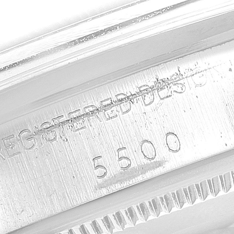 The image shows the side of a Rolex Vintage Collection 5500 Men's Stainless Steel Silver Dial 5500 Men's Stainless Steel Silver Dial watch, featuring the model number 5500 engraved on its case.