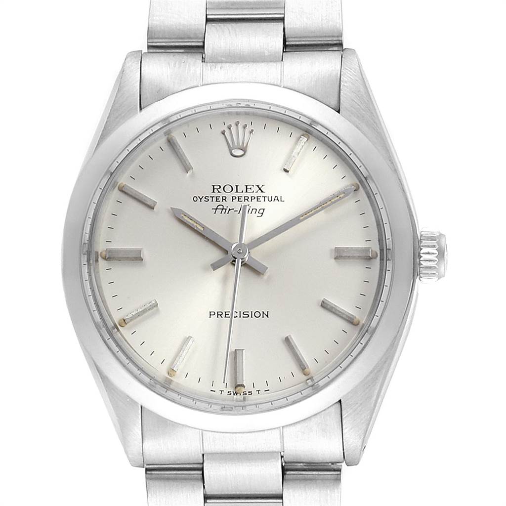 This image shows a front view of the Rolex Vintage Collection 5500 Men's Stainless Steel Silver Dial 5500 Men's Stainless Steel Silver Dial model watch, highlighting its face, dial, and part of the band.