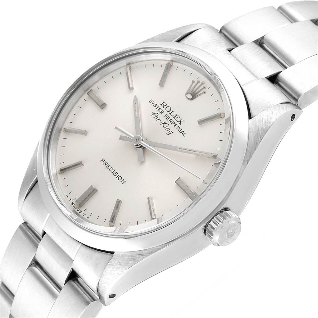 The Rolex Vintage Collection 5500 Men's Stainless Steel Silver Dial 5500 Men's Stainless Steel Silver Dial watch is shown at an angled view, highlighting its dial, crown, and stainless steel bracelet.