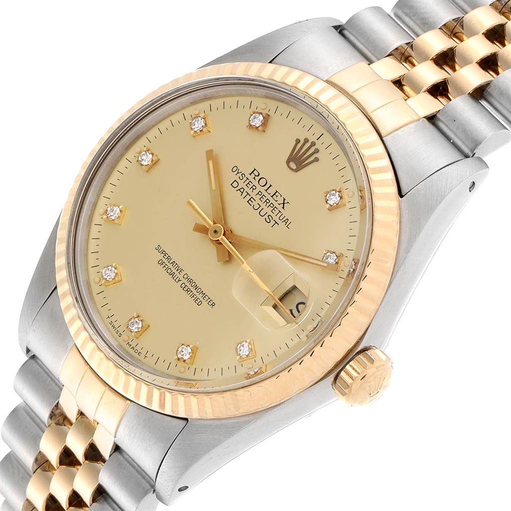 This image shows a close-up angled view of a Rolex Vintage Collection 16013 Men's Stainless Steel Champagne Dial 16013 Men's Stainless Steel Champagne Dial Datejust, highlighting the dial, bezel, and part of the bracelet.