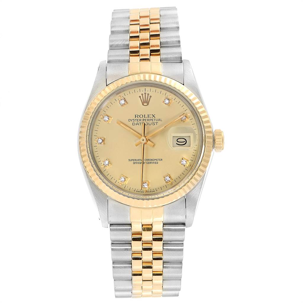 The Rolex Vintage Collection 16013 Men's Stainless Steel Champagne Dial 16013 Men's Stainless Steel Champagne Dial model is shown from a top-down angle, highlighting its gold and silver two-tone bracelet and bezel.