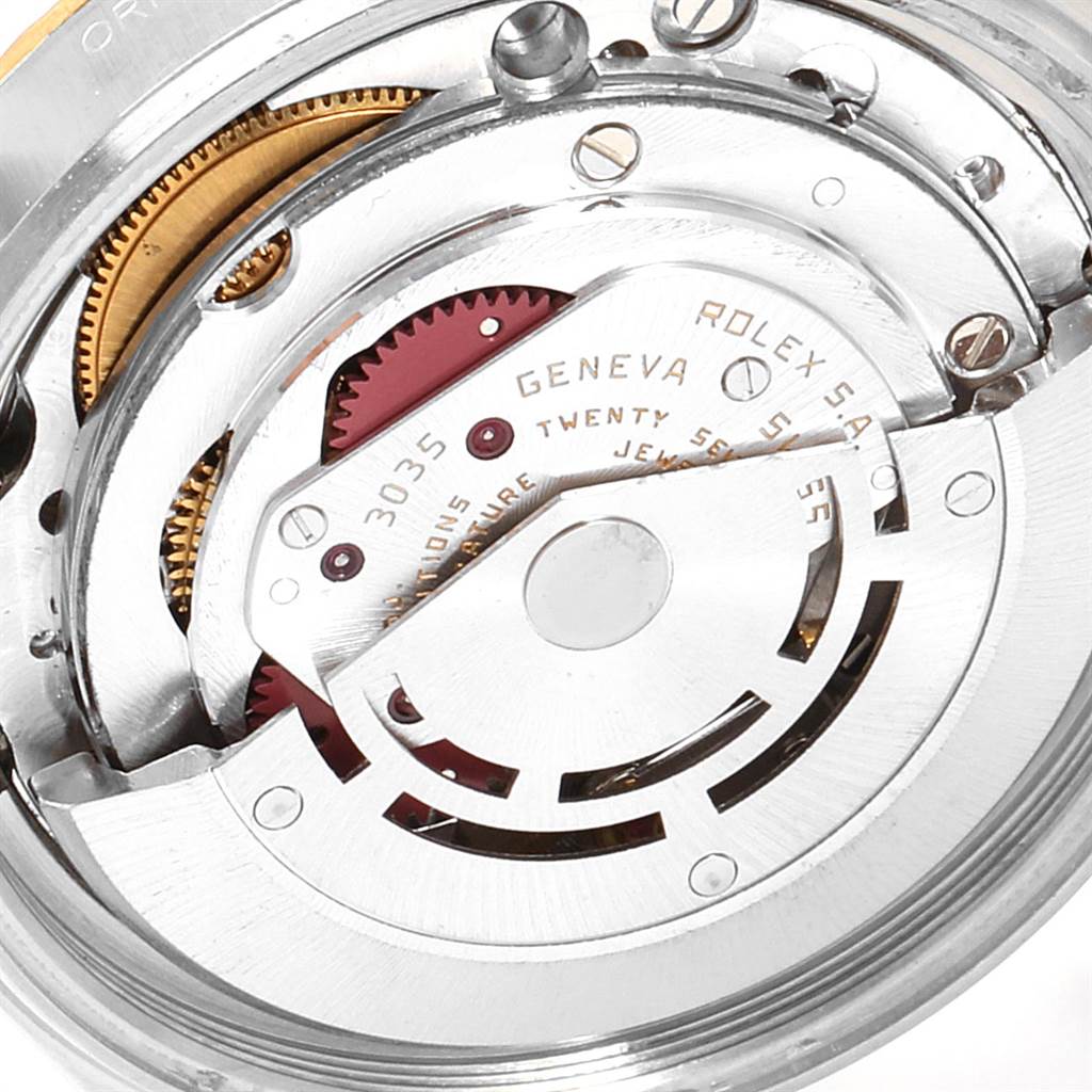 This image shows a close-up view of the internal mechanism of the Rolex Vintage Collection 16013 Men's Stainless Steel Champagne Dial 16013 Men's Stainless Steel Champagne Dial watch.