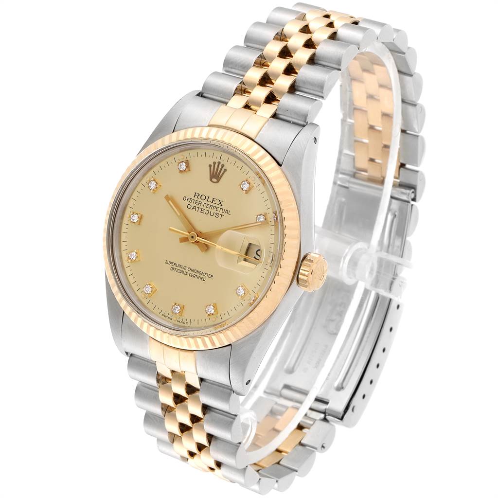 The image shows a Rolex Vintage Collection 16013 Men's Stainless Steel Champagne Dial 16013 Men's Stainless Steel Champagne Dial Datejust model from an angled view, highlighting the dial, bezel, and two-tone bracelet.