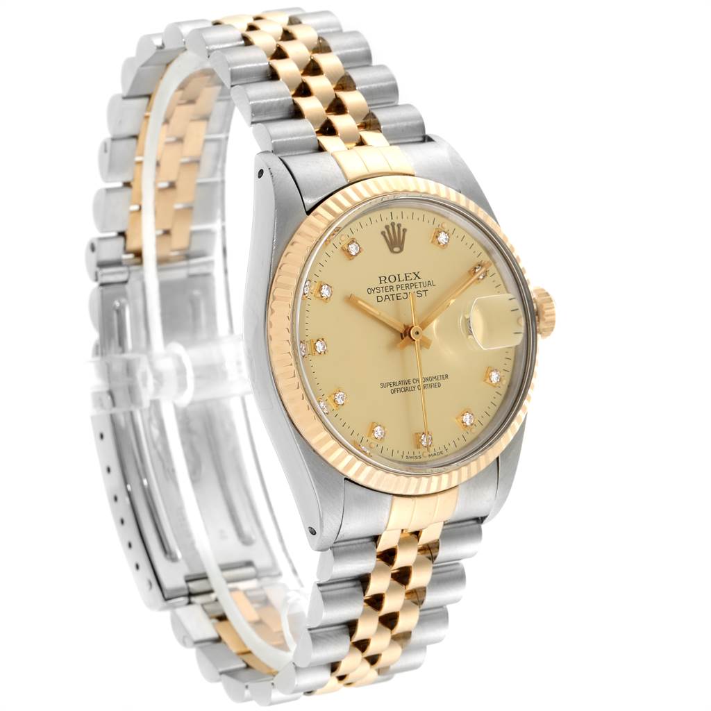 The image shows a Rolex Vintage Collection 16013 Men's Stainless Steel Champagne Dial 16013 Men's Stainless Steel Champagne Dial watch at an angle displaying its gold bezel, champagne dial, and two-tone bracelet.