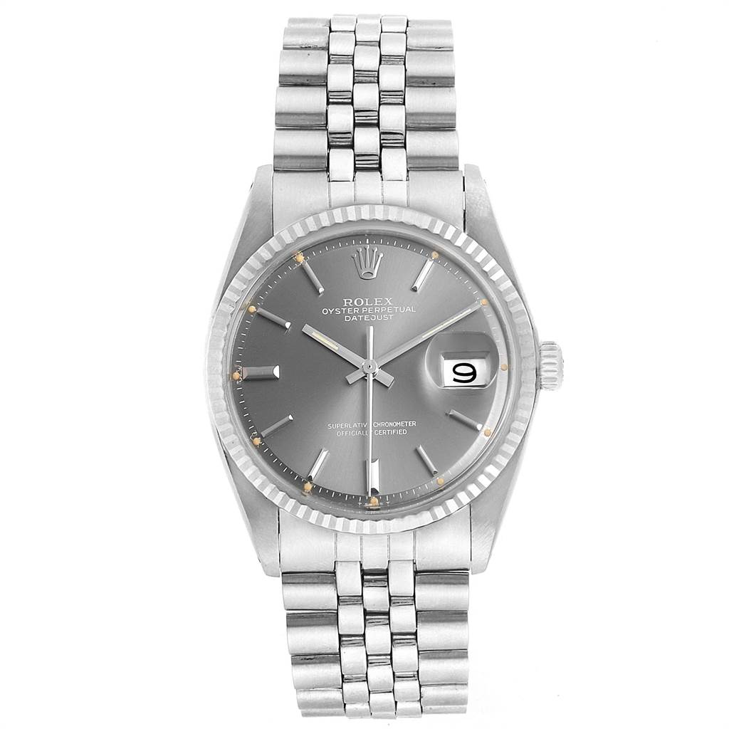 The image shows a frontal view of a Rolex Vintage Collection 1601 Men's Stainless Steel Grey Dial 1601 Men's Stainless Steel Grey Dial watch, featuring its dial, bracelet, and date display.