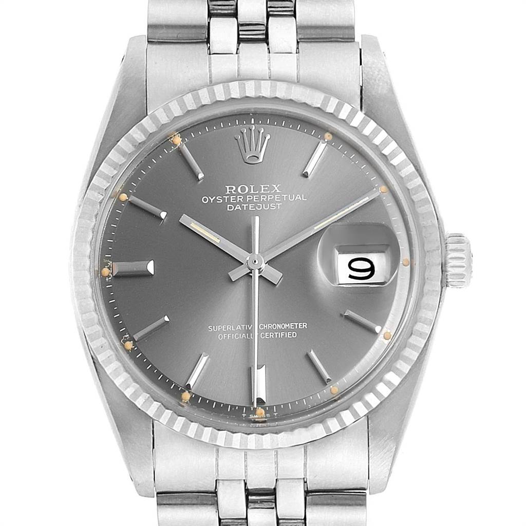 The Rolex Vintage Collection 1601 Men's Stainless Steel Grey Dial 1601 Men's Stainless Steel Grey Dial model is shown from a front angle, displaying the dial, hands, date, and part of the bracelet.