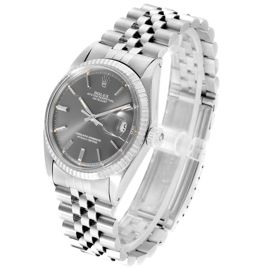 This image shows the Rolex Vintage Collection 1601 Men's Stainless Steel Grey Dial 1601 Men's Stainless Steel Grey Dial Datejust model, featuring the dial, crown, and jubilee bracelet at an angled perspective.
