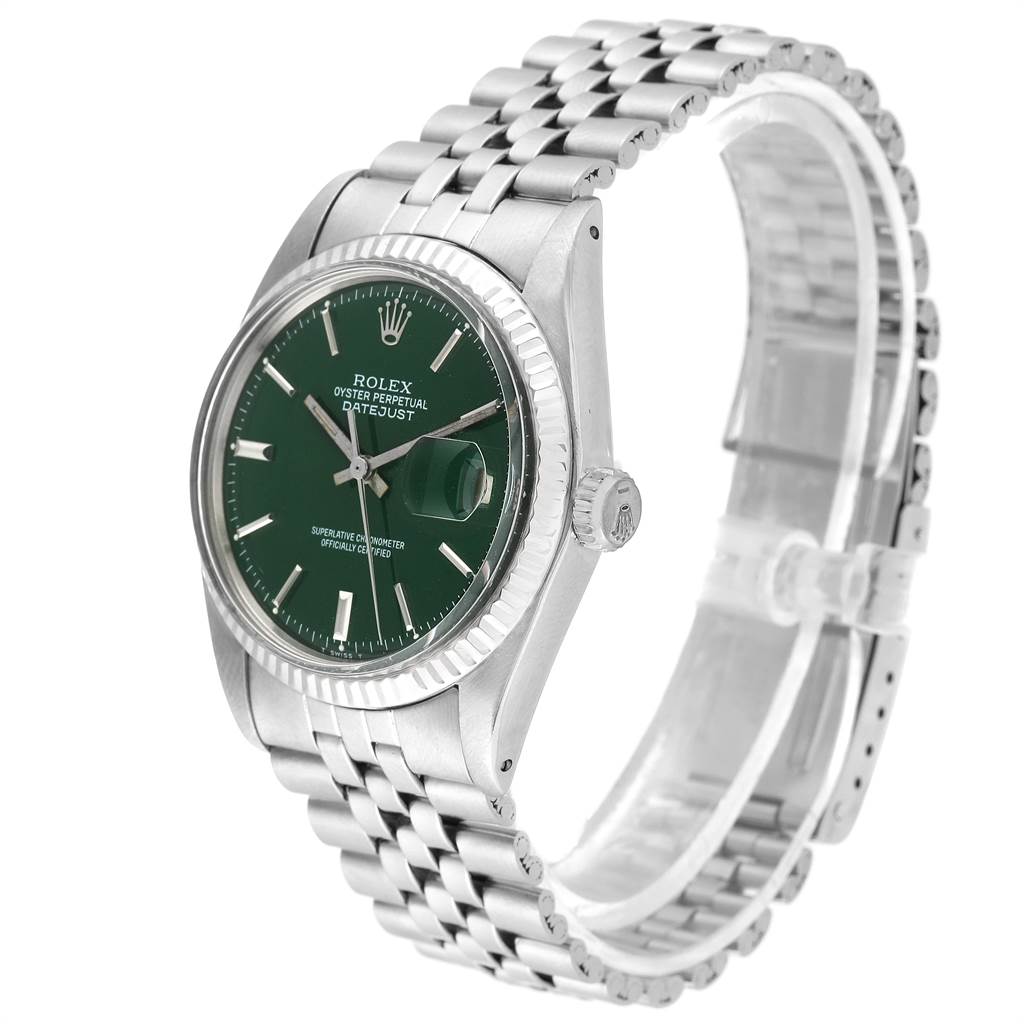 The Rolex Vintage Collection 1601 Men's Stainless Steel Green Dial 1601 Men's Stainless Steel Green Dial model is shown at a three-quarter angle, displaying the green dial, date window, and stainless steel bracelet.