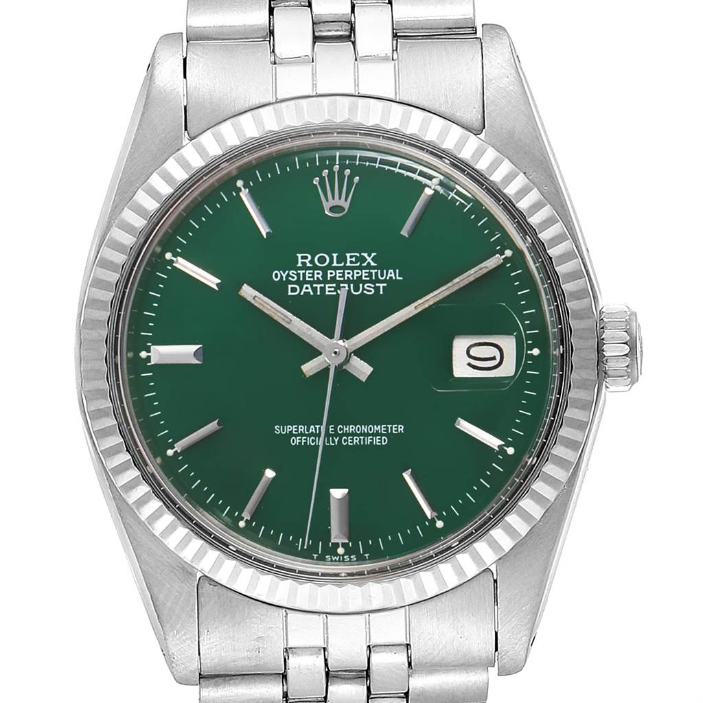 This image shows a front view of the Rolex Vintage Collection 1601 Men's Stainless Steel Green Dial 1601 Men's Stainless Steel Green Dial Datejust watch, highlighting the green dial, fluted bezel, and bracelet.