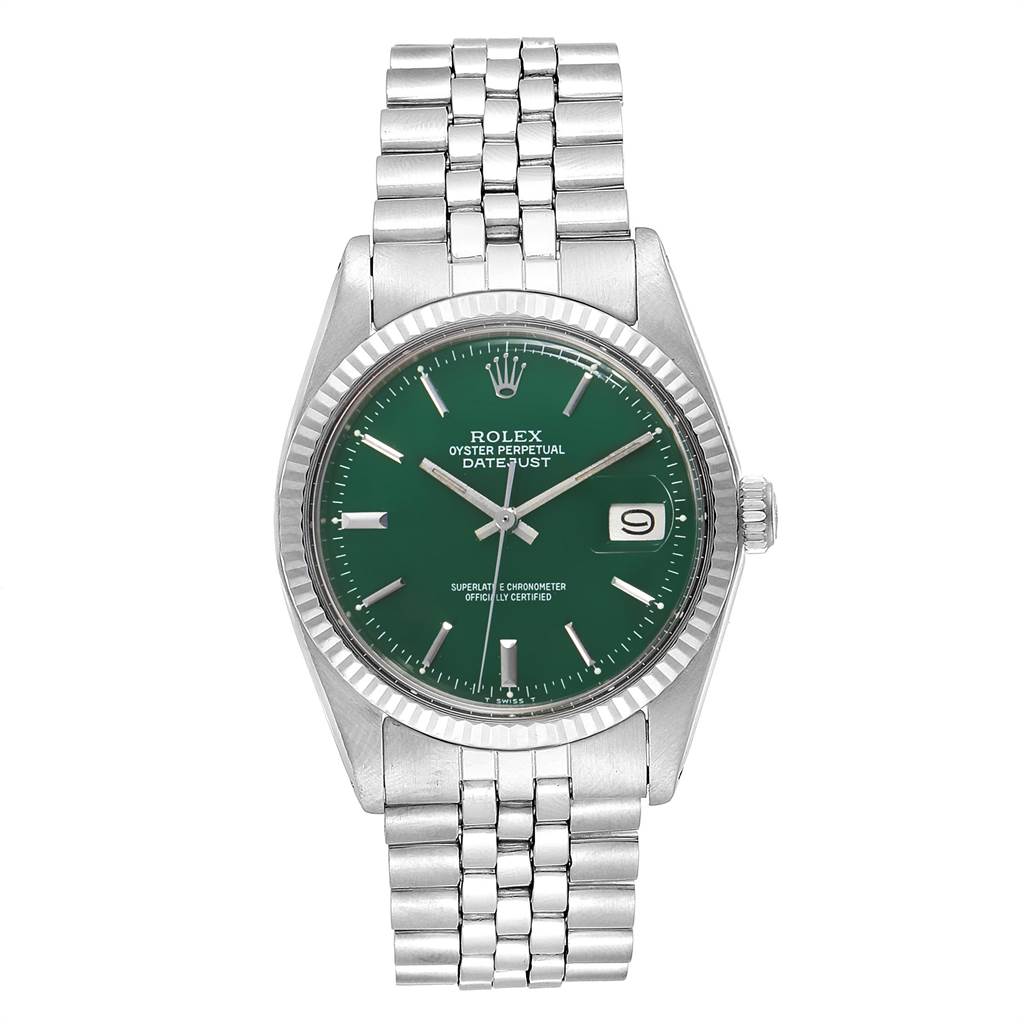This image shows a top-down view of a Rolex Vintage Collection 1601 Men's Stainless Steel Green Dial 1601 Men's Stainless Steel Green Dial Oyster Perpetual Datejust watch.