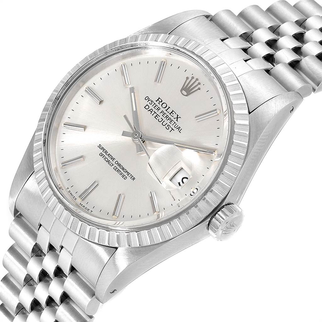 The image shows a Rolex Vintage Collection 16030 Men's Stainless Steel Silver Dial 16030 Men's Stainless Steel Silver Dial Datejust watch at a diagonal angle, capturing the dial, bezel, crown, and bracelet.