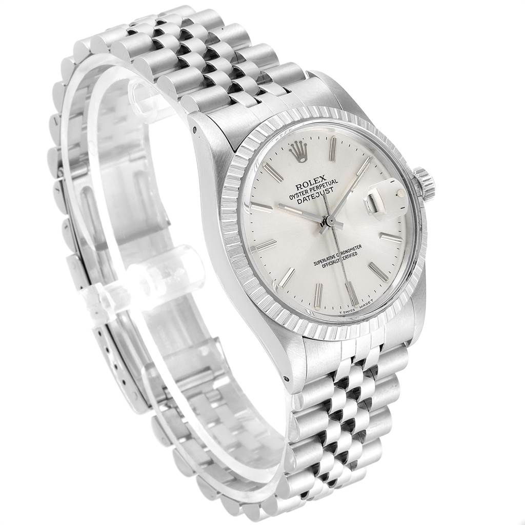 The image shows a three-quarter view of a Rolex Vintage Collection 16030 Men's Stainless Steel Silver Dial 16030 Men's Stainless Steel Silver Dial watch, displaying the dial, bezel, case, and bracelet.