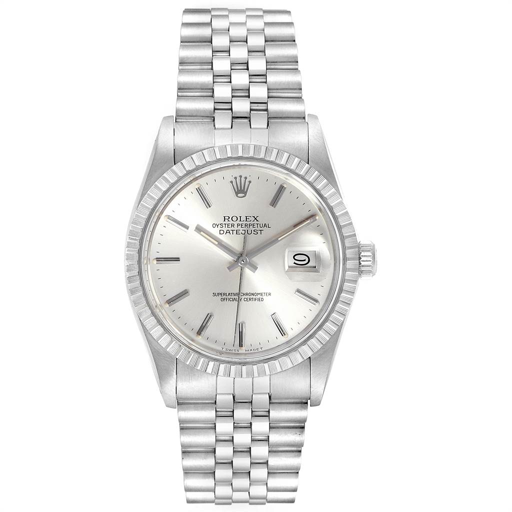 The image shows a front view of a Rolex Vintage Collection 16030 Men's Stainless Steel Silver Dial 16030 Men's Stainless Steel Silver Dial watch with a silver bracelet and date display.