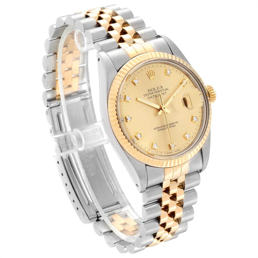 This image shows a side view of the Rolex Vintage Collection 16013 Men's Stainless Steel Champagne Dial 16013 Men's Stainless Steel Champagne Dial watch, highlighting the dial, bezel, and bracelet.